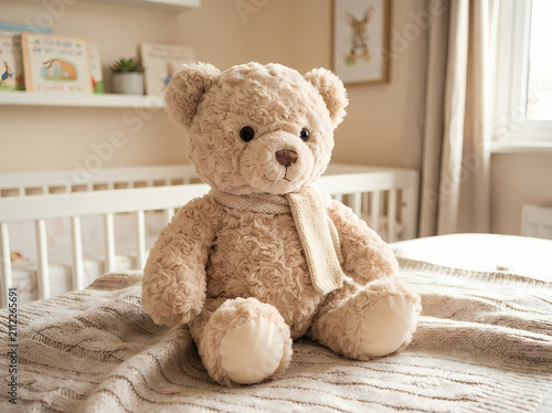 Soft plush teddy bear sitting on a child's bed. Cute brown stuffed animal toy for nursery decor and gifting.