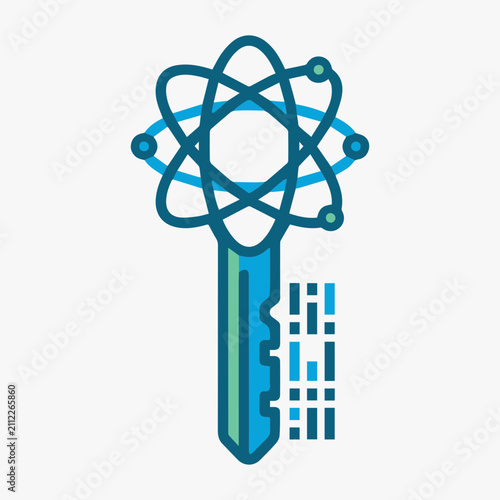 Quantum cryptography key security symbol with atomic orbital ring data encryption.