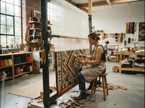 Artisan weaving a rug on a loom. Skilled craftswoman creating handmade textile art.