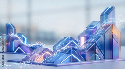 Abstract futuristic crystalline structures with glowing neon lights and flowing energy particles.