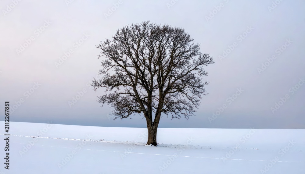 Fototapeta premium Solitary tree stands starkly against a winter landscape, snow-covered field.