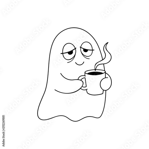 Cute sleepy ghost holding coffee mug Halloween vector illustration