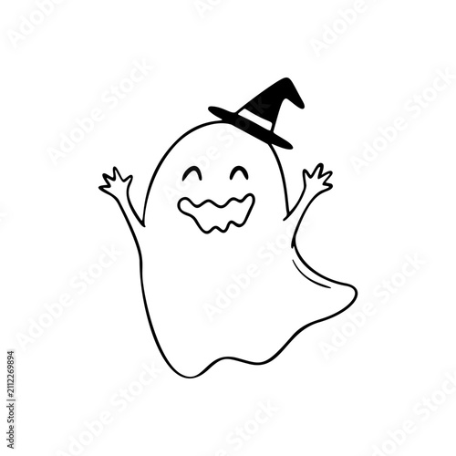 Cute waving ghost with witch hat Halloween vector illustration