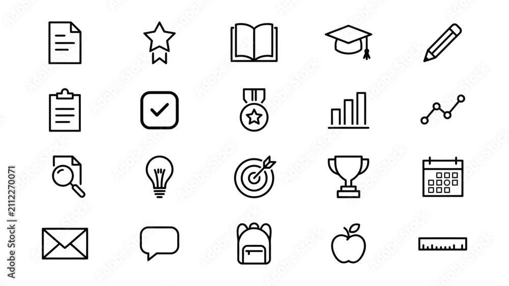 Fototapeta premium Collection of minimalist line icons representing education achievement business and productivity concepts on transparent background