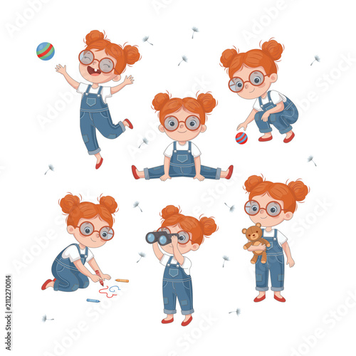 Vector set of a cute redhead girl wearing glasses with different emotions and activities. Child plays, draws, watches through binoculars, sits and holds a teddy bear. Perfect for children's books