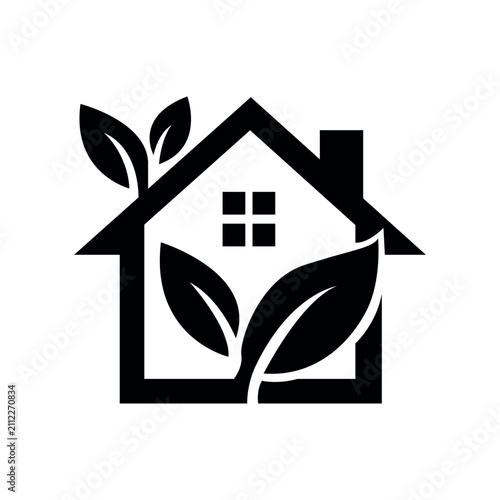 Eco house icon with leaves representing green home and sustainable nature living concept vector