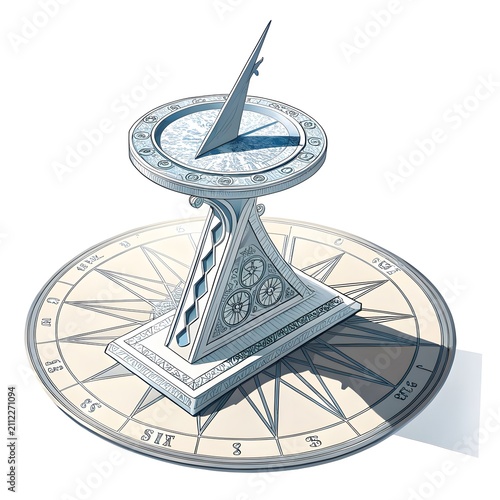 Ancient stone sundial timekeeping instrument on compass dial with measurement instrument timekeeping navigation direction