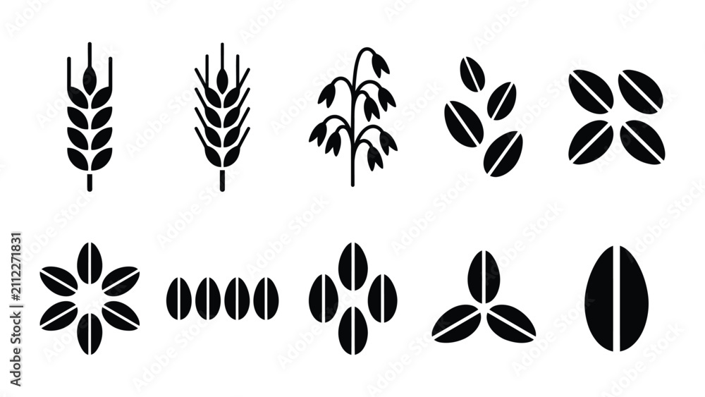 Fototapeta premium Collection of grain and cereal seed silhouettes.