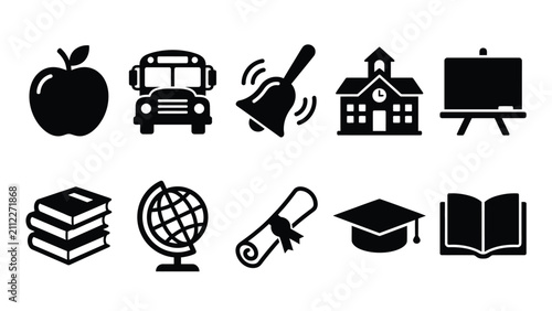 Set of education vector icons, apple, school bus, ringing bell, school building, chalkboard, stack of books, globe, diploma, graduation cap, and open book.