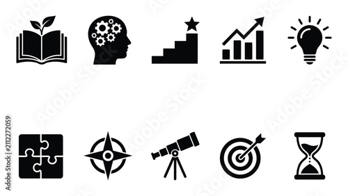 Personal growth and business development icons set for success and strategy planning.