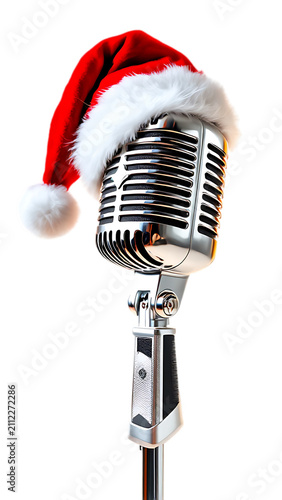 Vintage microphone wearing a festive Santa hat for holiday celebrations transparent background