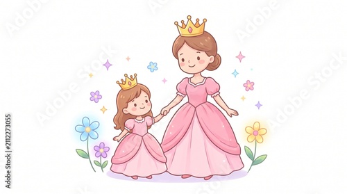 Mother and daughter in pink princess dresses with crowns