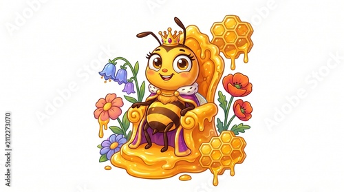 Cute cartoon bee queen sitting on a honey throne with flowers