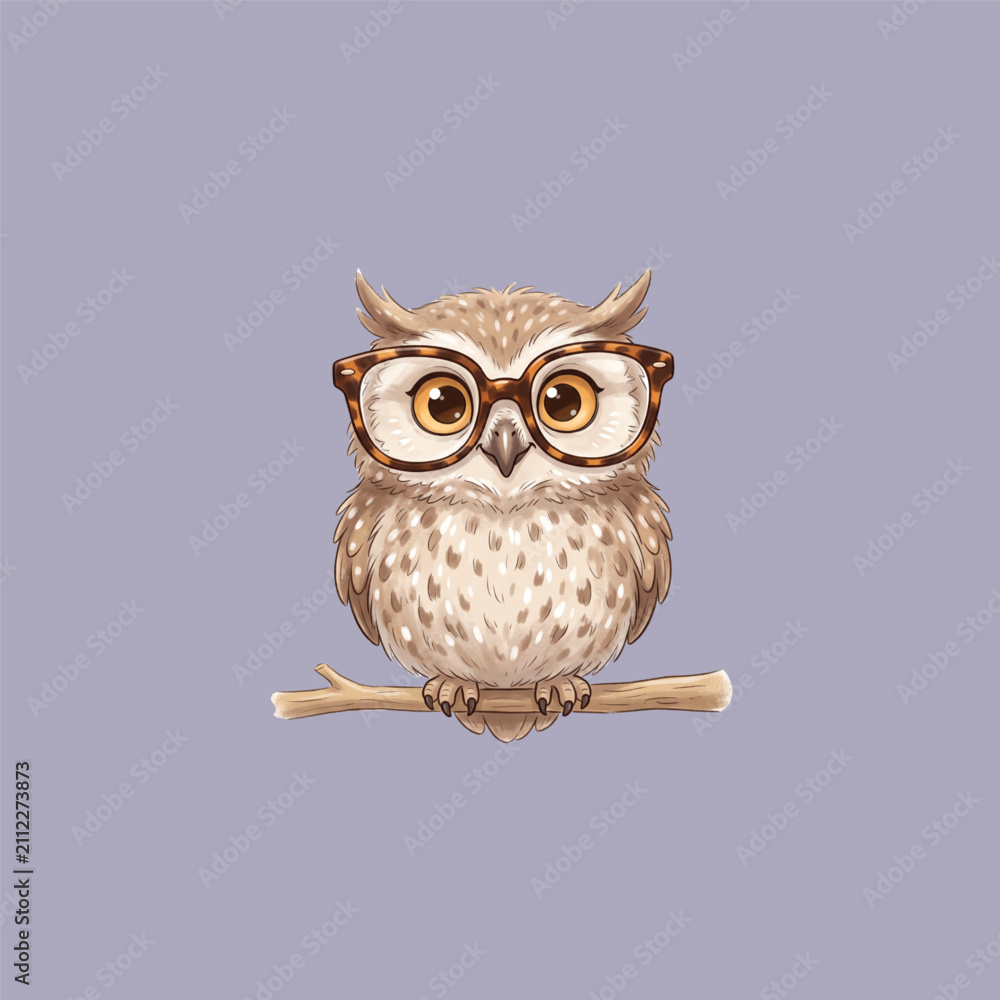 Obraz premium Adorable wise owl wearing eyeglasses perched on a tree branch illustration