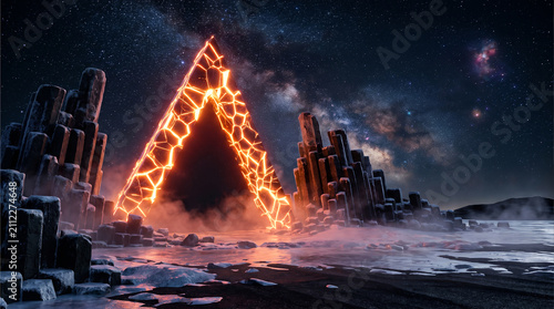 Cinematic fantasy landscape featuring a glowing cracked magma triangular portal on a frozen black sand beach under a starry night sky