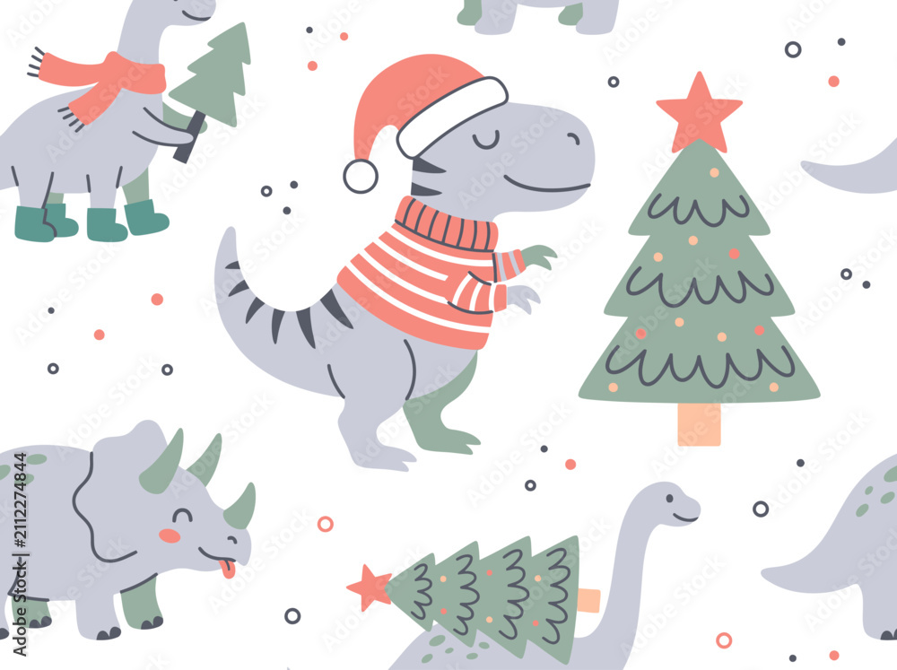 Fototapeta premium Cute Christmas Dinosaur Seamless Pattern with Festive T-Rex and Triceratops