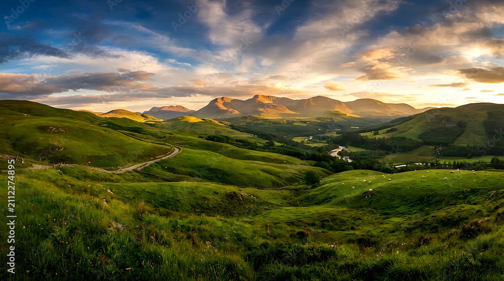 Obraz premium Panoramic mountain landscape at sunset. Golden hour view over green hills and peaks.