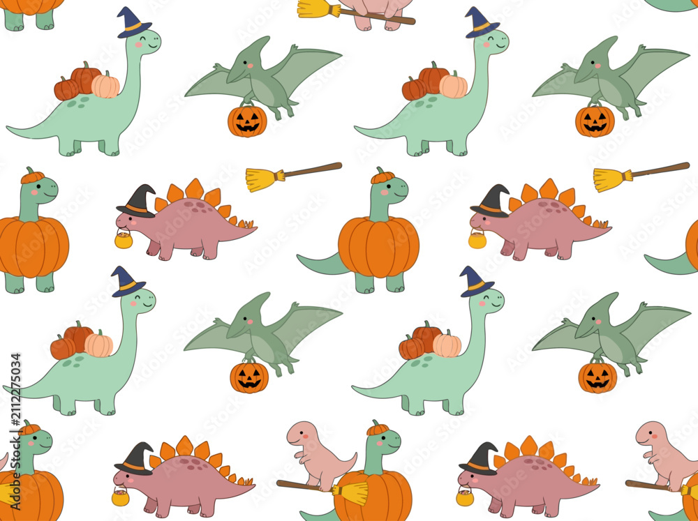 Fototapeta premium Halloween Dinosaurs Seamless Pattern with Pumpkins and Witch Hats