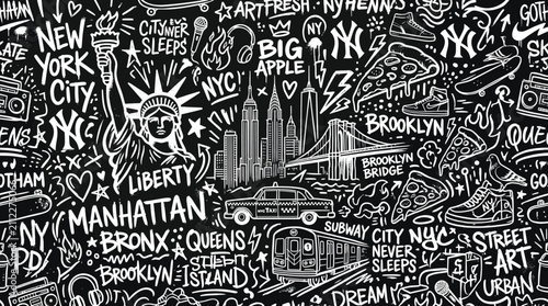 New York City graffiti seamless pattern, urban street art doodle background, black and white NYC landmarks wallpaper vector