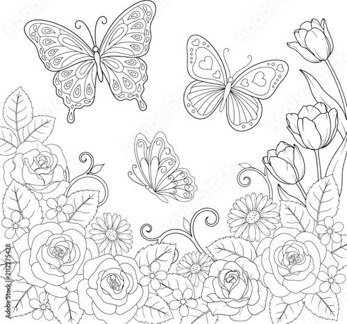 Butterflies and flowers coloring page with roses and tulips
