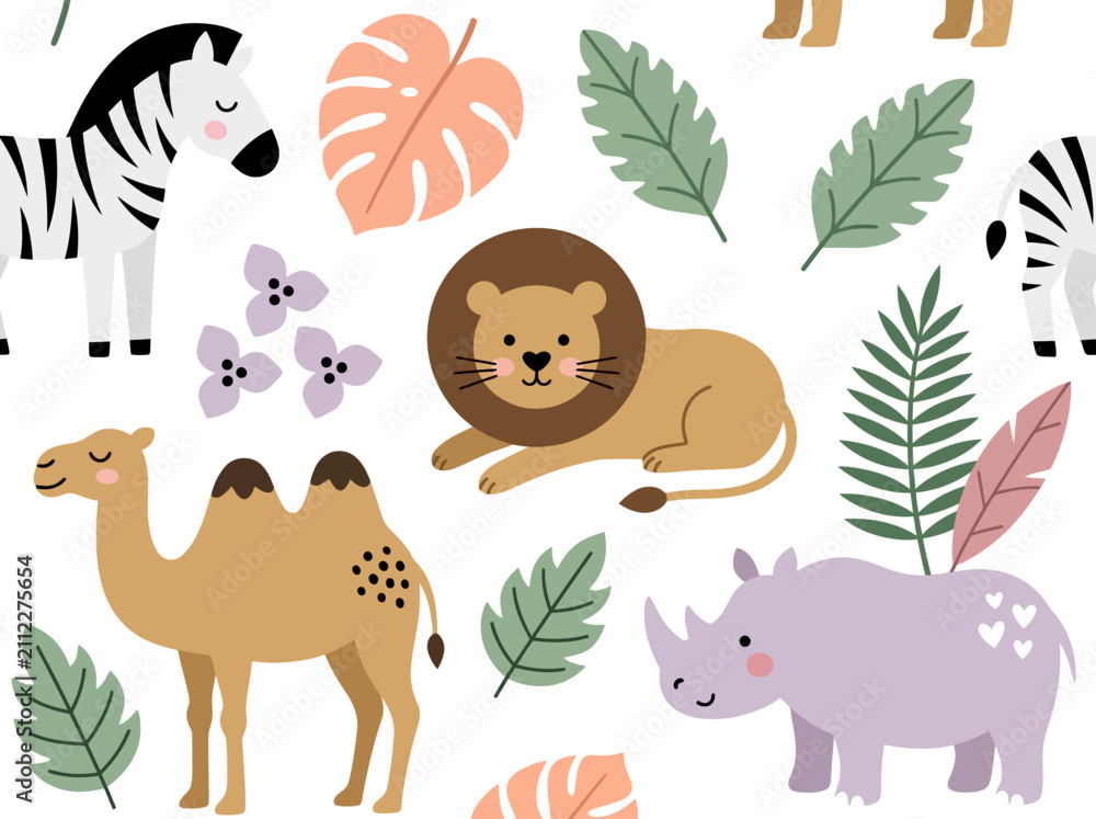 Naklejka premium Cute Safari Animal Seamless Pattern with Lion, Zebra, Camel, and Rhino for Nursery Decor