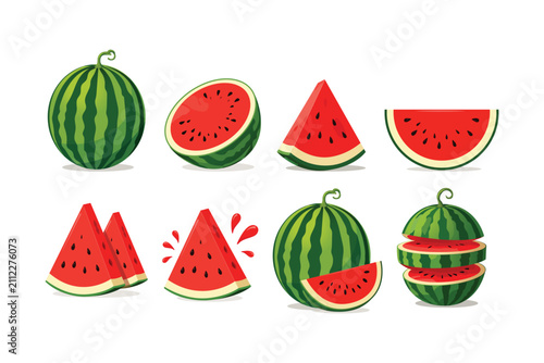 Watermelon vector collection featuring whole, sliced, wedge, half, and creative cut fruit illustrations isolated on white background. Perfect for food branding, packaging, menus, stickers, and summer 