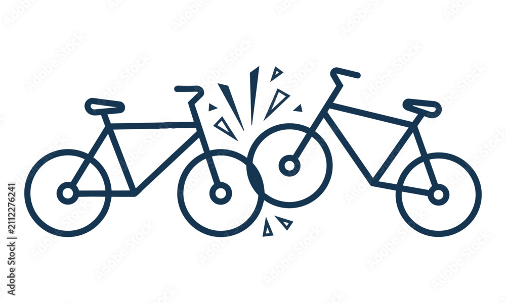 Obraz premium Minimalist pictogram of two bicycles colliding at a sharp angle, featuring simple geometry and bold flat colors isolated on white. Road safety concept