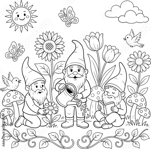 Three garden gnomes with flowers, butterflies, and birds, coloring page