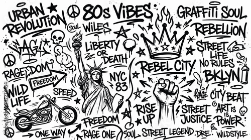 Картината върху платно Urban graffiti street art vector, hand drawn 80s vibes rebellion doodles, black