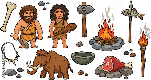 Photography Prehistoric stone age vector element set featuring caveman cavewoman mammoth campfire weapons and primitive tools isolated on a clean white background