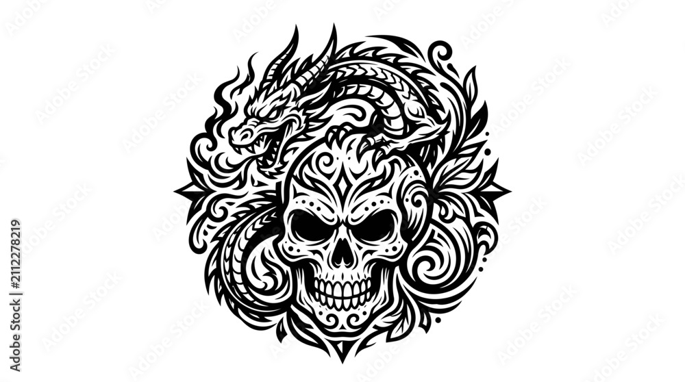 Fototapeta premium Dragon and Skull Tattoo Design