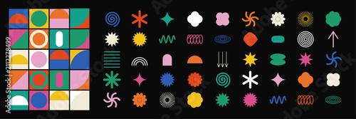 brutalist geometric shape collection on black. bold circles arches stars and zigzags. neo memphis abstract element grid. vivid multicolor swiss design forms
