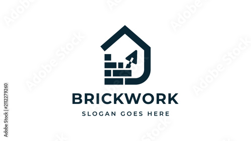 Brickwork service logo with house bricks and trowel icon
