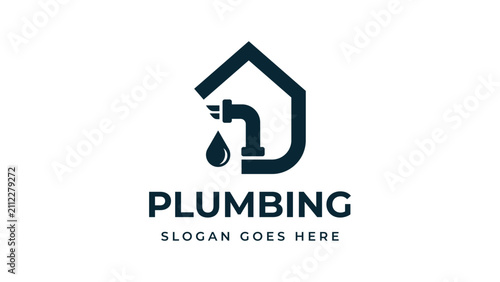 Plumbing service logo with house faucet and water drop icon