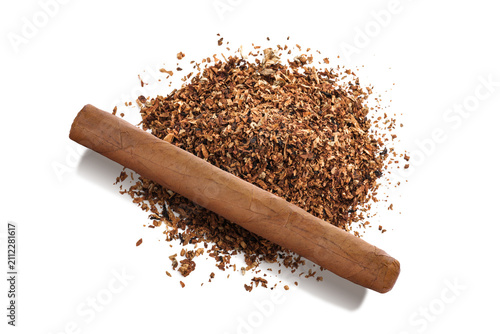Photography Cigar and pile of dried tobacco isolated on white, top view