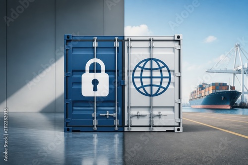 Locked shipping container at port with global trade security concept
