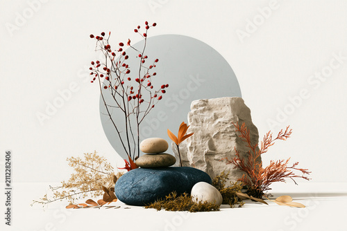 Zen Still Life collage art with Stacked Stones, Rocks and Autumn Botanicals,  Minimal Home Decor styling