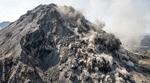 Catastrophic volcanic flank collapse and massive landslide of rock debris under daylight, press news photograph of cataclysmic mountain structural failure
