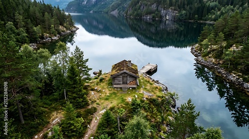 Secluded wooden cabin on a peninsula overlooking a calm fjord lake