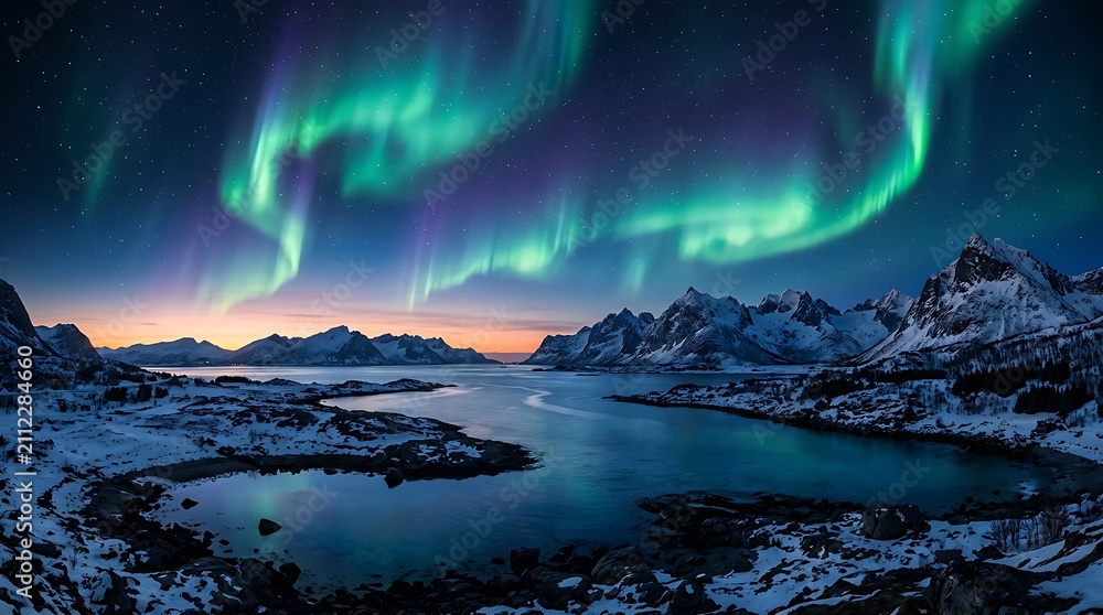 Fototapeta premium Vibrant northern lights over snow covered mountains and arctic sea