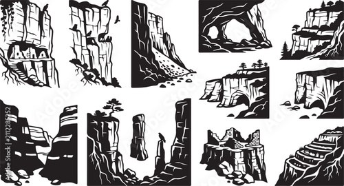 Tableau sur toile A collection of black and white depicting various rocky landscapes, including st