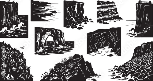 Fotografie A collection of black and white featuring coastal landscapes, steep sea cliffs,