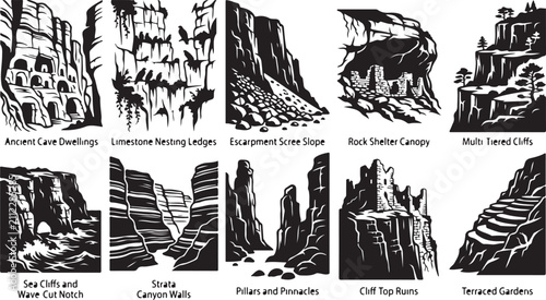 Foto A collection of ten black and white depicting geological formations, including a