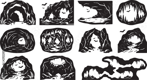 Foto A collection of twelve black and white depicting various cave formations, includ