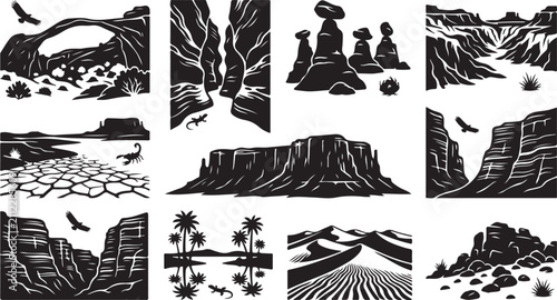 Fotografie Set of black and white depicting american southwest desert landscapes, featuring