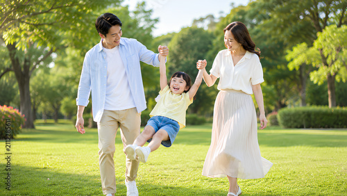 Happy Asian Family Enjoying Quality Time Together in a Sunny Park with Young Daughter
