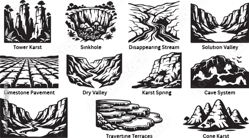 Tableau sur toile Set of eleven black and white geological landform featuring karst topography, li