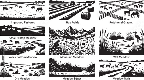 фотографія Set of nine black and white depicting various meadow and agricultural landscapes
