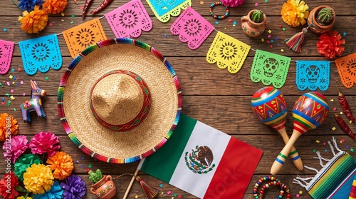 Mexican Fiesta Celebration Background with Sombrero Maracas National Flag Papel Picado Colorful Decorations and Traditional Folk Culture on Rustic Wooden Table