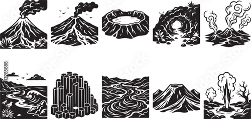 Принти на полотні Set of ten black and white depicting geological including erupting volcanoes, a